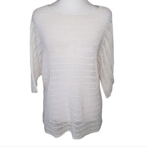 J Jill Purejill White Loose Knit Tunic 3/4 Length Sleeves Summer Top Sz M